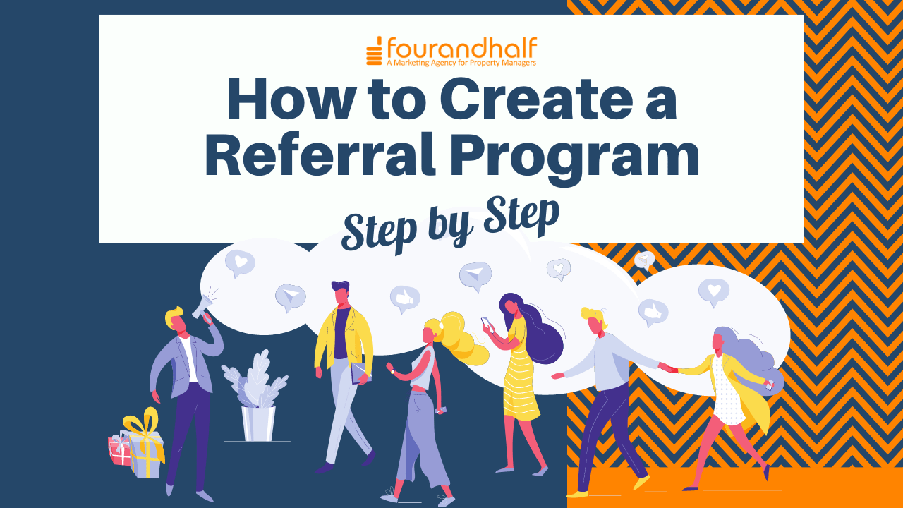 A graphic shows cartoon figures responding to someone making an announcement with a title that reads How to Create a Referral Program Step by Step