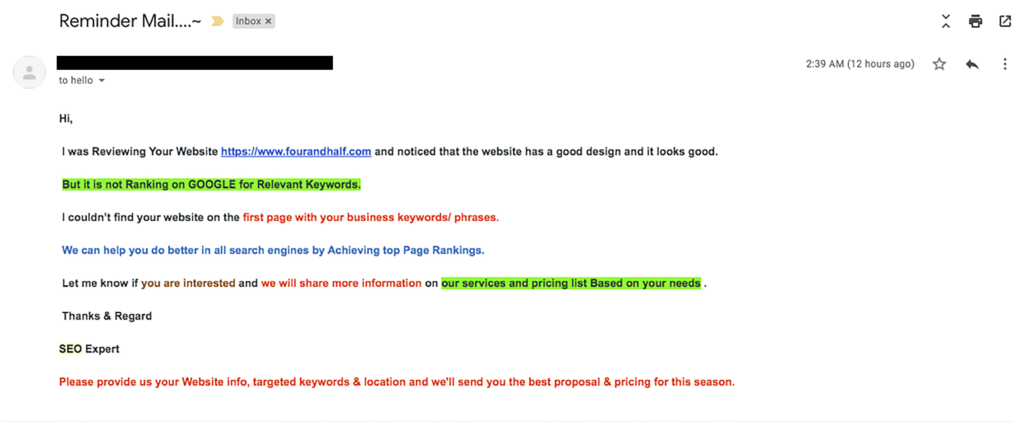 An example of a property management SEO spam email