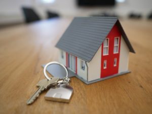 Image of tiny toy house with gray roof and red door beside huge house keys