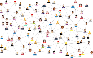 Many small human figures all connected by various lines, demonstrating a network of people