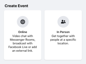 The option to choose an online event or an in person event on Facebook.