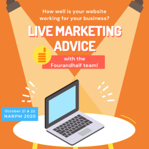 A GIF representing the free, live marketing advice Fourandhalf is giving at the 2020 NARPM Virtual Convention