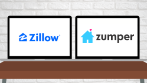 Two laptops, one showing Zillow and the other showing Zumper, representative of two platforms for rental property marketing