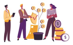Three cartoon individuals discuss finances and a verification symbol