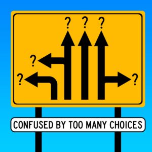 A yellow sign shows many arrows pointing in different directions, with question marks, and below the sign the text reads, Confused By Too Many Choices