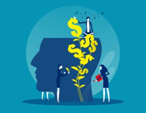 A cartoon of a head with people watering a plant that is growing dollar signs, representative of property management profitability mindset.