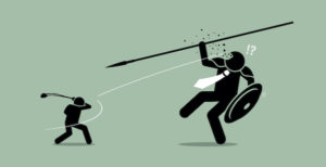 David versus Goliath. Vector artwork depicts underdog wins.