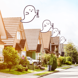 A series of homes along a street, each with a cartoon ghost holding a wrench, coming out of the roof, representative of ghost maintenance issues in property management