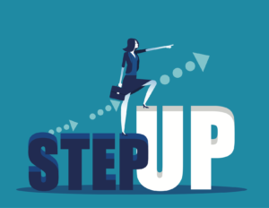 Businesswoman points forward as she steps up from the word step to the word up, in front of an upward pointing arrow.