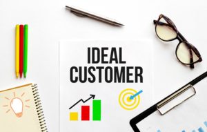 A piece of paper with the words Ideal Customer is on a table surrounded by various office supplies.