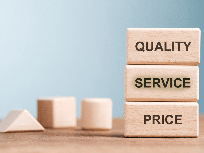 blocks that say quality, service, price