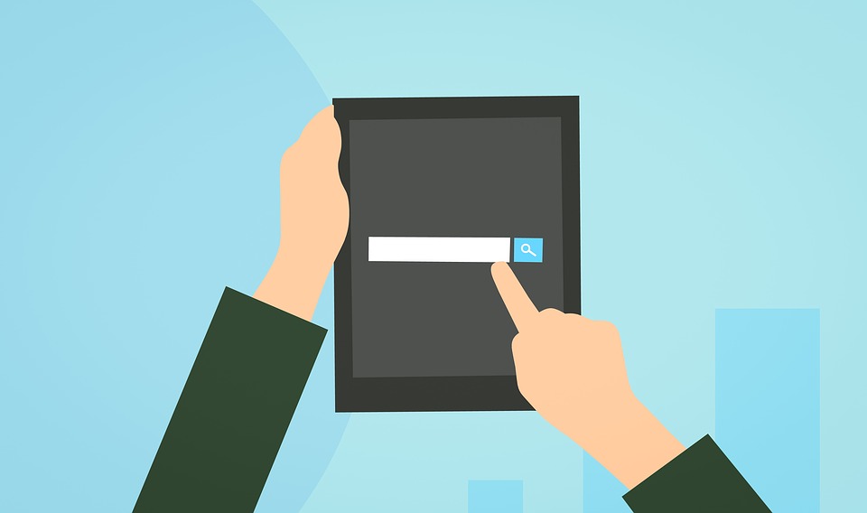 A cartoon hand holds a tablet showing a search bar, representative of Fourandhalf's property management marketing services A cartoon hand holds a tablet showing a search bar, representative of Fourandhalf's property management marketing services