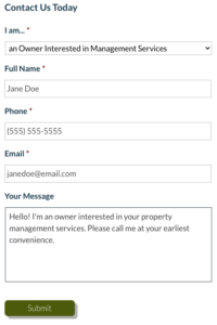 A website contact form - an example of an owner reaching out to a property management company.
