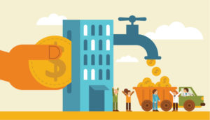 A cartoon hand puts one gold coin into a building. On the other side of the building, a large spigot has piles of gold coins coming out, landing in a truck, representing why VC companies want to invest in property management: money.
