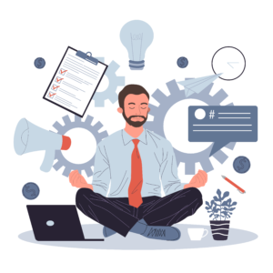 A businessman sits cross-legged with his hands on his knees and his eyes closed. Around him are a laptop, checklist, megaphone, lightbulb, gears, magnifying glass, and a social post.