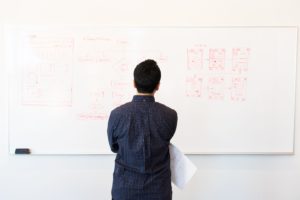 A man stands in front of a white board with a process flow on it.