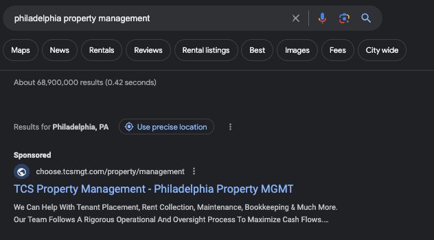 search engine results page showing example of a paid ad for property managers
