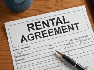 paper rental agreement and pen